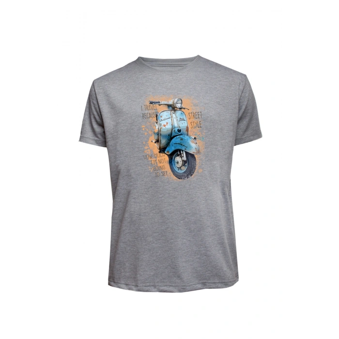 Unisex Mavi Vespa Baskılı Tişört Pamuk Penye Süprem Basic