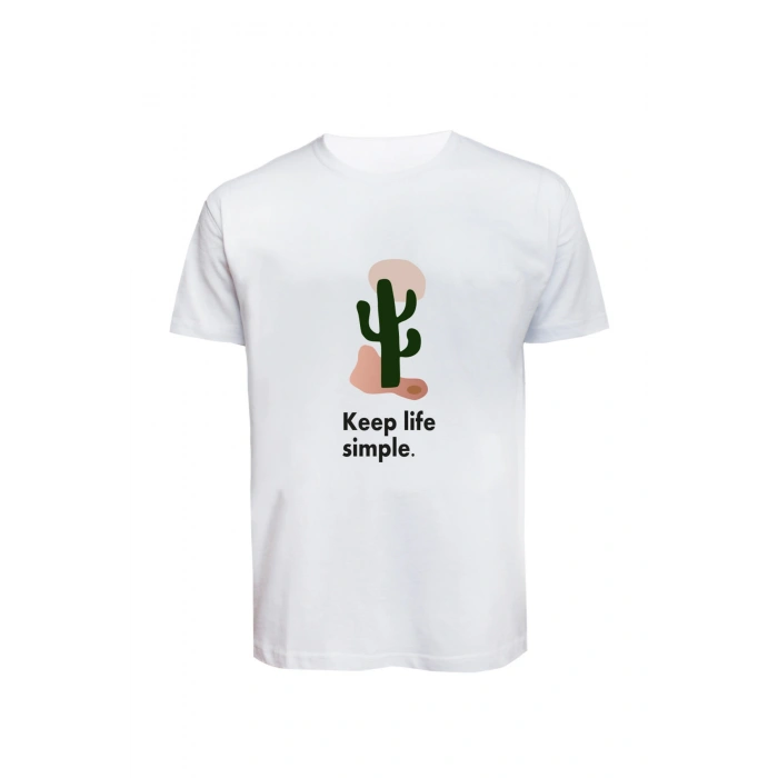 Unisex Keep Life Simple Kaktüs Baskılı Tişört Pamuk Penye Süprem Basic