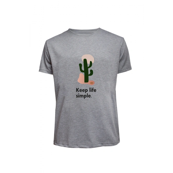 Unisex Keep Life Simple Kaktüs Baskılı Tişört Pamuk Penye Süprem Basic