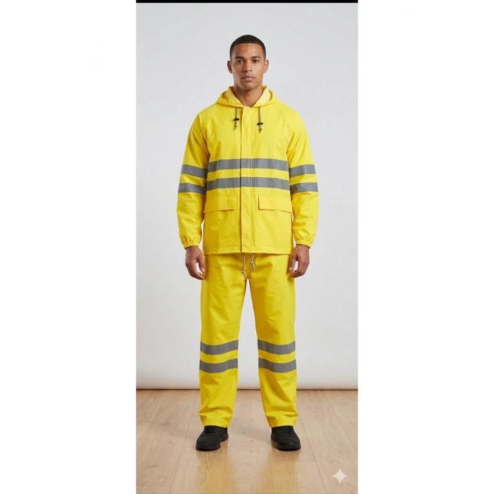 PVC Reflektif Yağmurluk Alt Üst Takım Kapüşonlu Su Geçirmeye Dirençli Outdoor İş Kıyafeti
