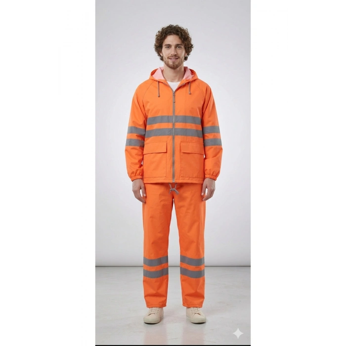 PVC Reflektif Yağmurluk Alt Üst Takım Kapüşonlu Su Geçirmeye Dirençli Outdoor İş Kıyafeti