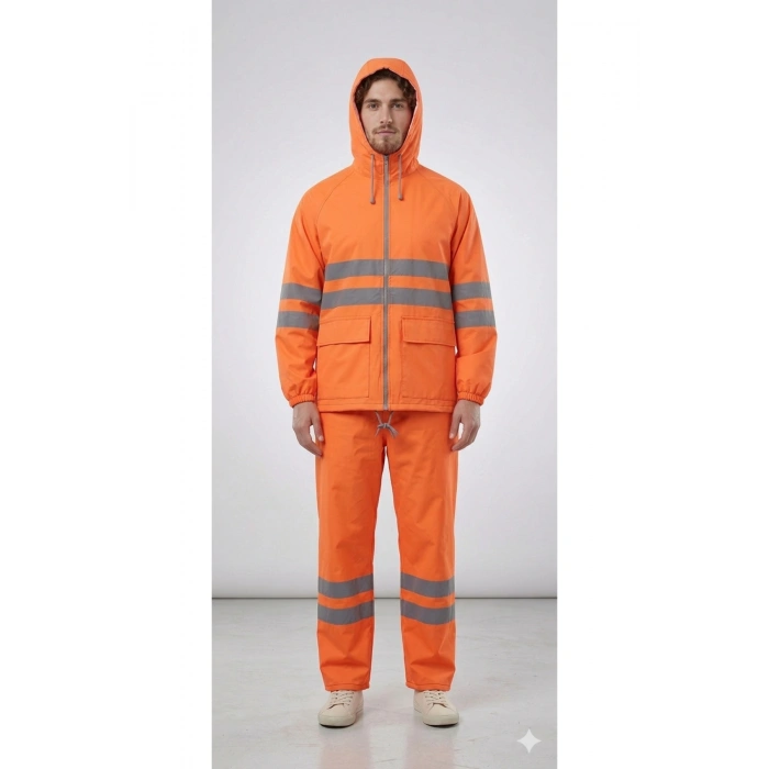 PVC Reflektif Yağmurluk Alt Üst Takım Kapüşonlu Su Geçirmeye Dirençli Outdoor İş Kıyafeti
