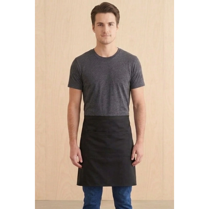 Siyah Kanvas Kısa Bel Önlüğü - Cepli Barista ve Servis Önlüğü (Unisex)