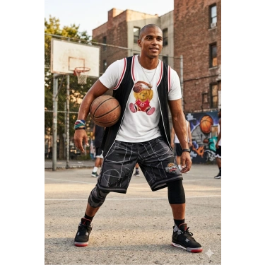 Unisex Basketbolcu Cool Ayıcık Baskılı Tişört Pamuk Penye Süprem Basic