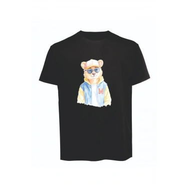 Unisex Kot Ceketli Cool Ayıcık Baskılı Tişört Pamuk Penye Süprem Basic