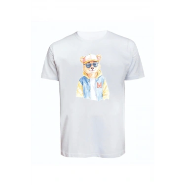 Unisex Kot Ceketli Cool Ayıcık Baskılı Tişört Pamuk Penye Süprem Basic