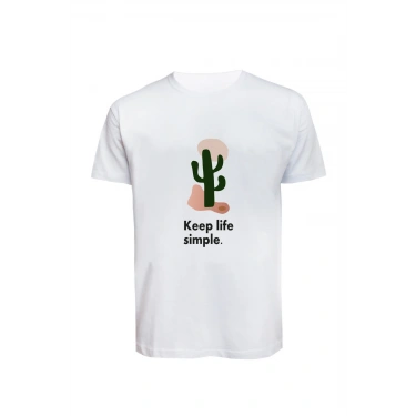 Unisex Keep Life Simple Kaktüs Baskılı Tişört Pamuk Penye Süprem Basic