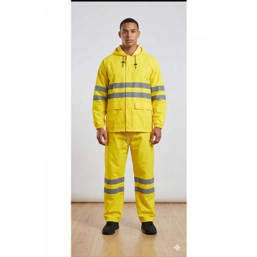 PVC Reflektif Yağmurluk Alt Üst Takım Kapüşonlu Su Geçirmeye Dirençli Outdoor İş Kıyafeti