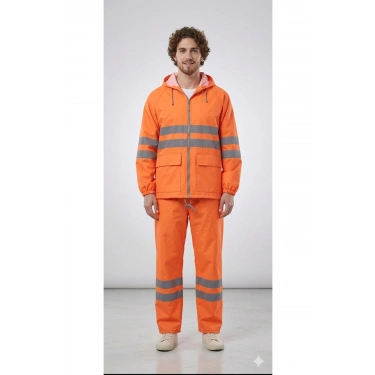 PVC Reflektif Yağmurluk Alt Üst Takım Kapüşonlu Su Geçirmeye Dirençli Outdoor İş Kıyafeti