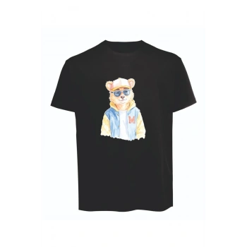Unisex Kot Ceketli Cool Ayıcık Baskılı Tişört Pamuk Penye Süprem Basic