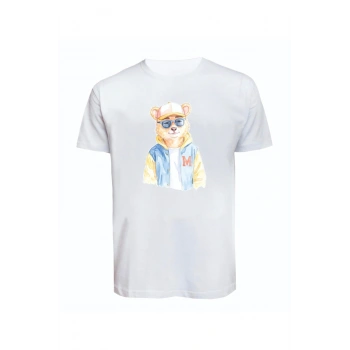 Unisex Kot Ceketli Cool Ayıcık Baskılı Tişört Pamuk Penye Süprem Basic