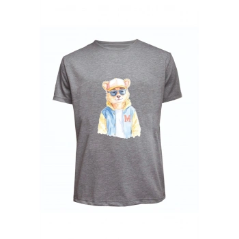 Unisex Kot Ceketli Cool Ayıcık Baskılı Tişört Pamuk Penye Süprem Basic