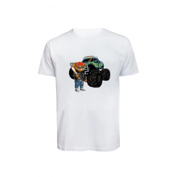 Unisex Canavar Araç (Monster Truck ) ve Ayı Baskılı Tişört Pamuk Penye Süprem Basic