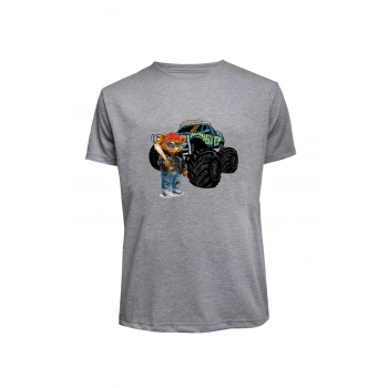 Unisex Canavar Araç (Monster Truck ) ve Ayı Baskılı Tişört Pamuk Penye Süprem Basic
