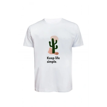 Unisex Keep Life Simple Kaktüs Baskılı Tişört Pamuk Penye Süprem Basic