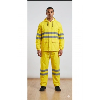 PVC Reflektif Yağmurluk Alt Üst Takım Kapüşonlu Su Geçirmeye Dirençli Outdoor İş Kıyafeti