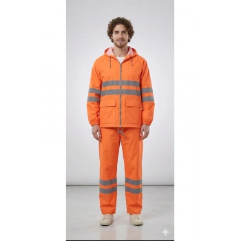 PVC Reflektif Yağmurluk Alt Üst Takım Kapüşonlu Su Geçirmeye Dirençli Outdoor İş Kıyafeti