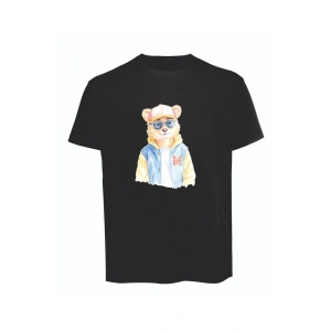 Unisex Kot Ceketli Cool Ayıcık Baskılı Tişört Pamuk Penye Süprem Basic