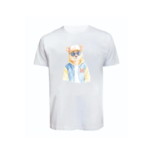 Unisex Kot Ceketli Cool Ayıcık Baskılı Tişört Pamuk Penye Süprem Basic