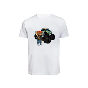 Unisex Canavar Araç (Monster Truck ) ve Ayı Baskılı Tişört Pamuk Penye Süprem Basic