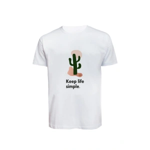 Unisex Keep Life Simple Kaktüs Baskılı Tişört Pamuk Penye Süprem Basic