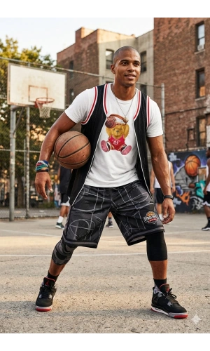 Unisex Basketbolcu Cool Ayıcık Baskılı Tişört Pamuk Penye Süprem Basic