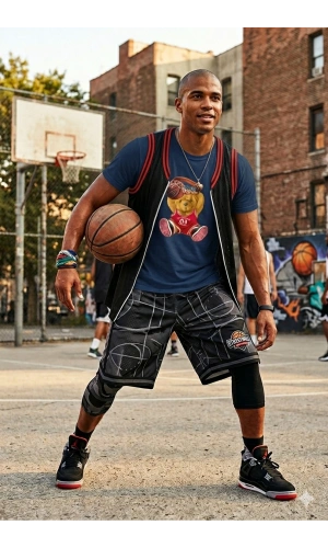 Unisex Basketbolcu Cool Ayıcık Baskılı Tişört Pamuk Penye Süprem Basic