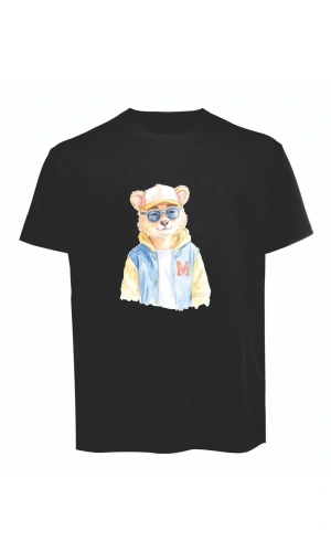 Unisex Kot Ceketli Cool Ayıcık Baskılı Tişört Pamuk Penye Süprem Basic