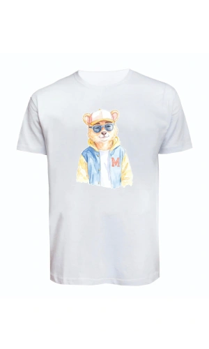 Unisex Kot Ceketli Cool Ayıcık Baskılı Tişört Pamuk Penye Süprem Basic