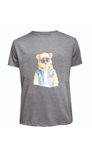 Unisex Kot Ceketli Cool Ayıcık Baskılı Tişört Pamuk Penye Süprem Basic