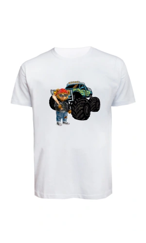 Unisex Canavar Araç (Monster Truck ) ve Ayı Baskılı Tişört Pamuk Penye Süprem Basic