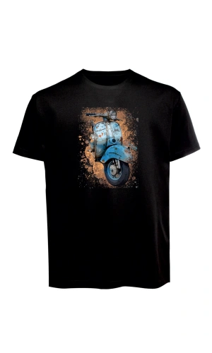 Unisex Mavi Vespa Baskılı Tişört Pamuk Penye Süprem Basic