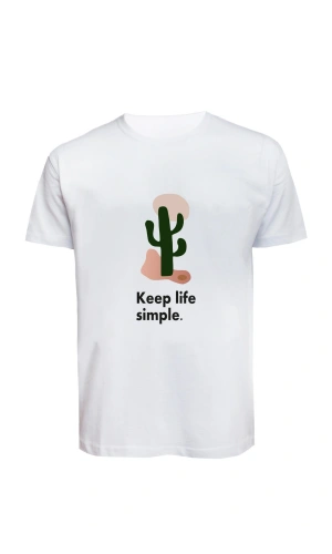 Unisex Keep Life Simple Kaktüs Baskılı Tişört Pamuk Penye Süprem Basic