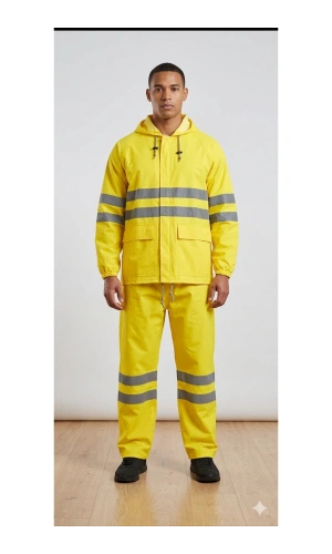 PVC Reflektif Yağmurluk Alt Üst Takım Kapüşonlu Su Geçirmeye Dirençli Outdoor İş Kıyafeti