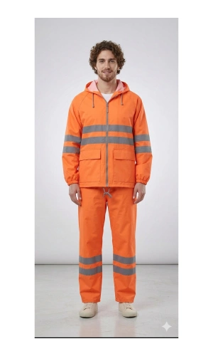 PVC Reflektif Yağmurluk Alt Üst Takım Kapüşonlu Su Geçirmeye Dirençli Outdoor İş Kıyafeti
