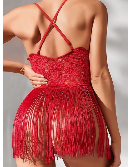 Amora Secret Kadın Fantazi İç Giyim Kırmızı Püsküllü Dantel Detaylı Fantezi Gecelik - li ve Zarif Tasarım