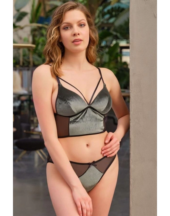 Amora Secret Kadife Balensiz Desteksiz Dolgusuz Yaka Detaylı Bralet Sütyen ve Slip Takım