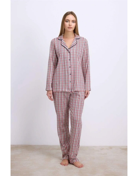 Amora Secret Pamuklu Uzun Kol Düğmeli Gömlek ve Ekose Pantolon Pijama Takımı