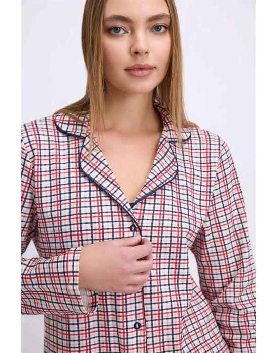 Amora Secret Pamuklu Uzun Kol Düğmeli Gömlek ve Ekose Pantolon Pijama Takımı