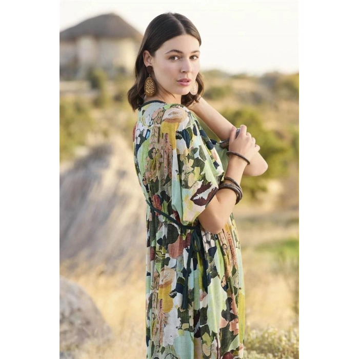 AMORA SECRET % VISKON ÇIÇEK VE YAPRAK DESENLI KISA KOLLU ELBISE