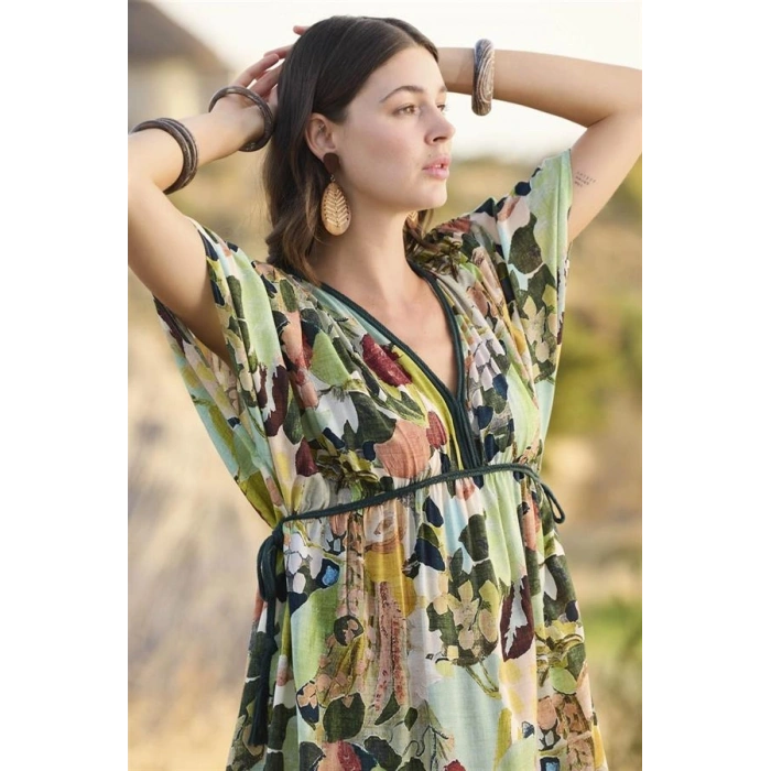 AMORA SECRET % VISKON ÇIÇEK VE YAPRAK DESENLI KISA KOLLU ELBISE