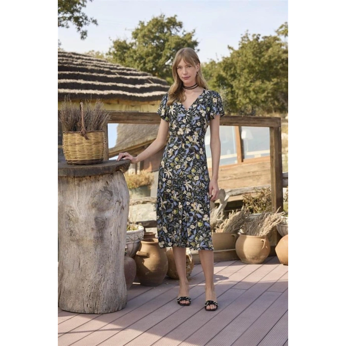 AMORA SECRET % VISKON ÇIÇEK VE YAPRAK DESENLI ÖNÜ DÜĞMELI ELBISE