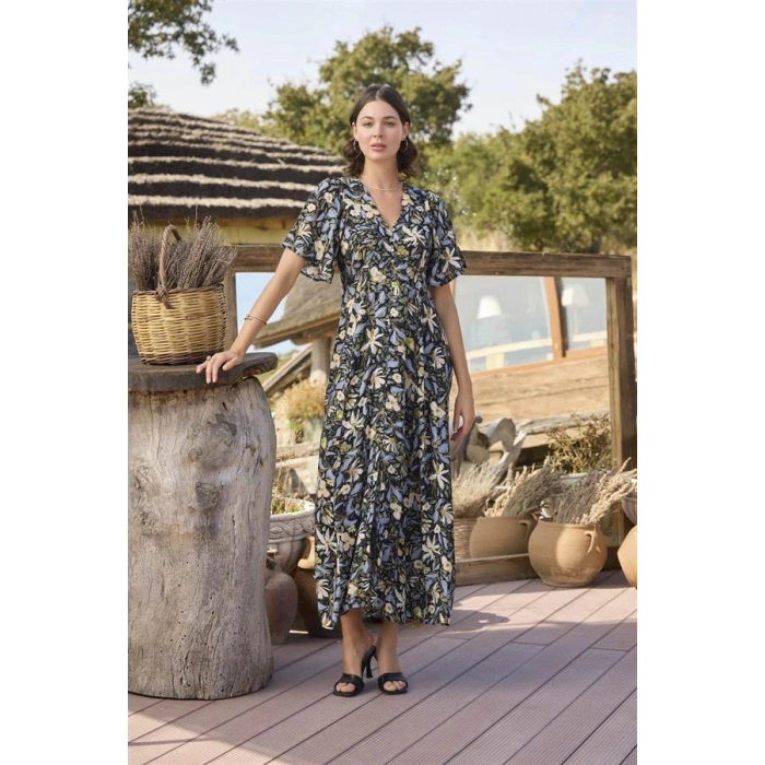 AMORA SECRET % VISKON ÇIÇEK VE YAPRAK DESENLI ÖNÜ DÜĞMELI ELBISE