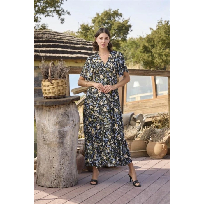 AMORA SECRET % VISKON ÇIÇEK VE YAPRAK DESENLI ÖNÜ DÜĞMELI ELBISE