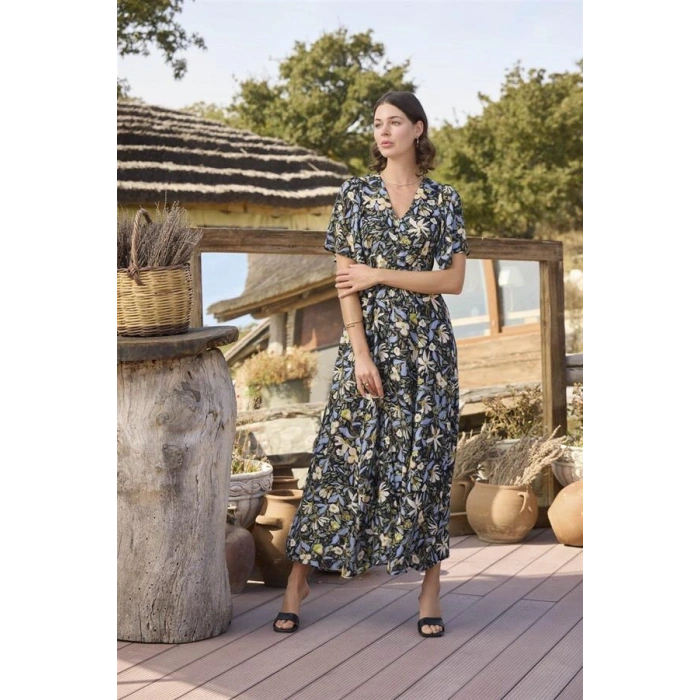 AMORA SECRET % VISKON ÇIÇEK VE YAPRAK DESENLI ÖNÜ DÜĞMELI ELBISE