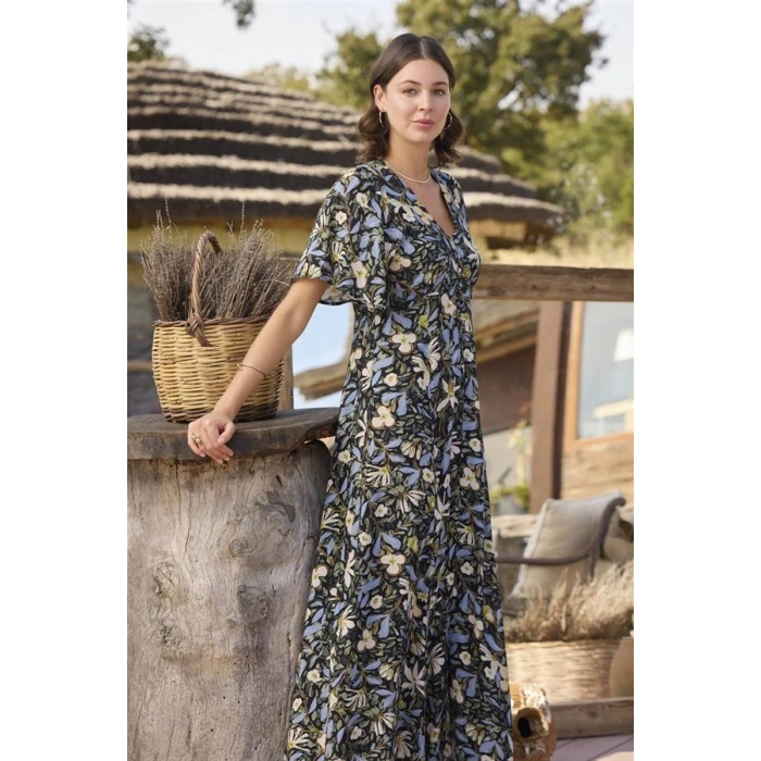 AMORA SECRET % VISKON ÇIÇEK VE YAPRAK DESENLI ÖNÜ DÜĞMELI ELBISE