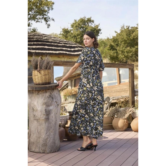 AMORA SECRET % VISKON ÇIÇEK VE YAPRAK DESENLI ÖNÜ DÜĞMELI ELBISE