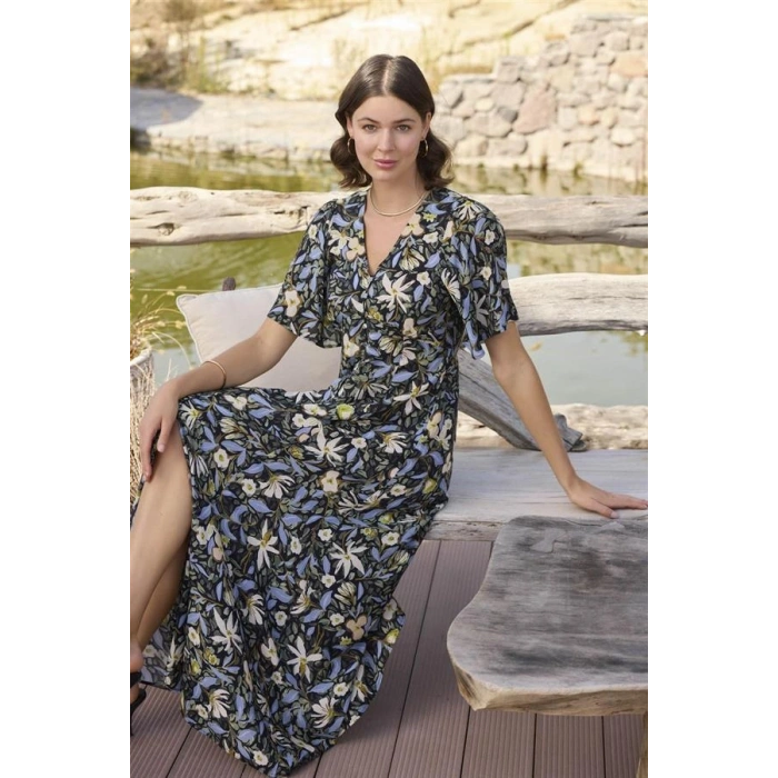 AMORA SECRET % VISKON ÇIÇEK VE YAPRAK DESENLI ÖNÜ DÜĞMELI ELBISE