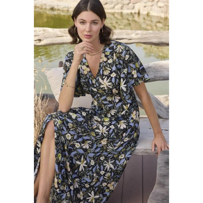 AMORA SECRET % VISKON ÇIÇEK VE YAPRAK DESENLI ÖNÜ DÜĞMELI ELBISE