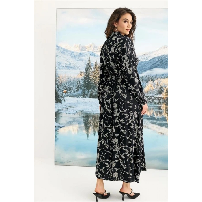 AMORA SECRET % VISKON DESENLI TRUVAKAR KOLLU SATEN ELBISE